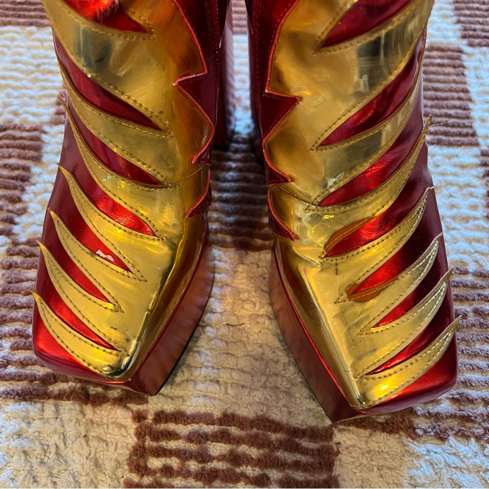 Jeffrey Campbell Kiss This Knee High 70s Style Platform Boot Metallic Red Gold - Picture 3 of 10